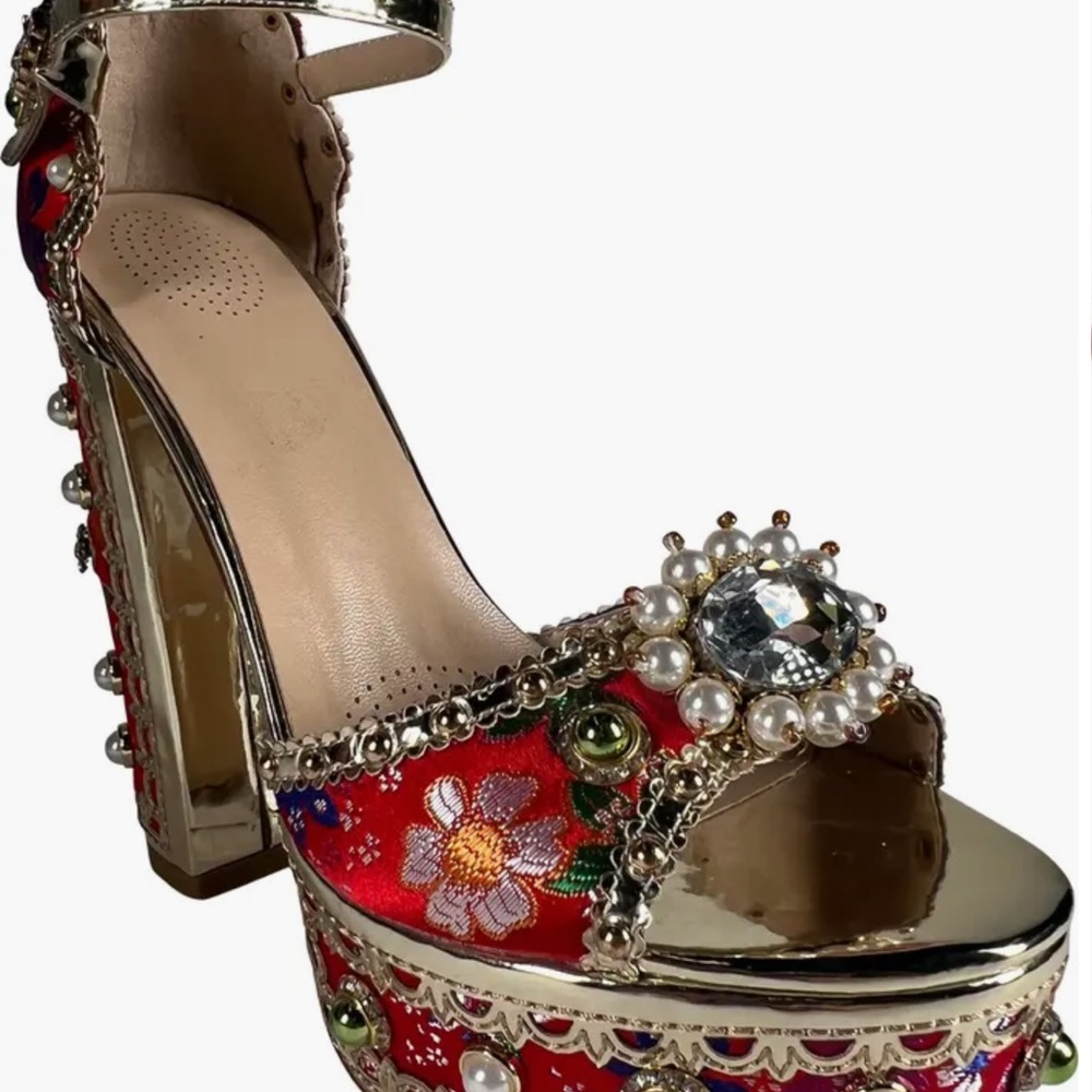 Red Floral Platform Heels with Chunky Heel